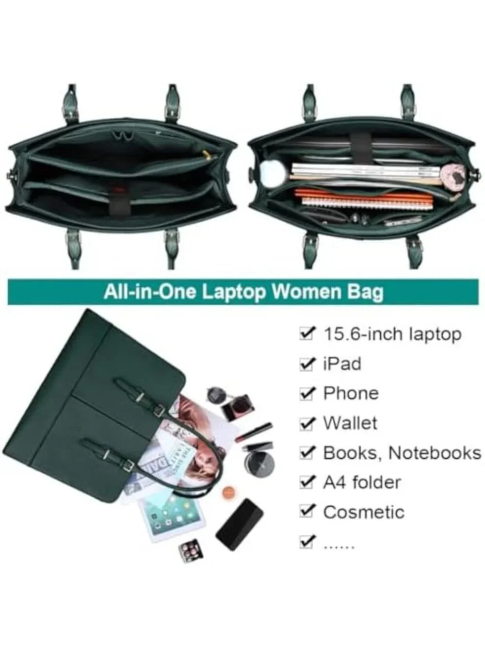 Stylish Leather Laptop Tote for Women - 15.6 Inch Work Bag, Computer Carrier